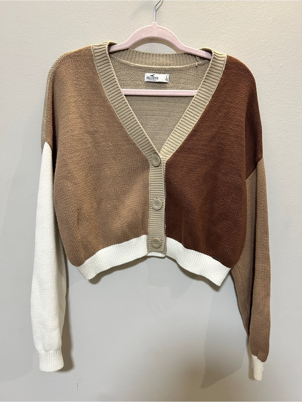 Hollister Colorblock V-Neck Cropped Cardigan - Brown, Cream